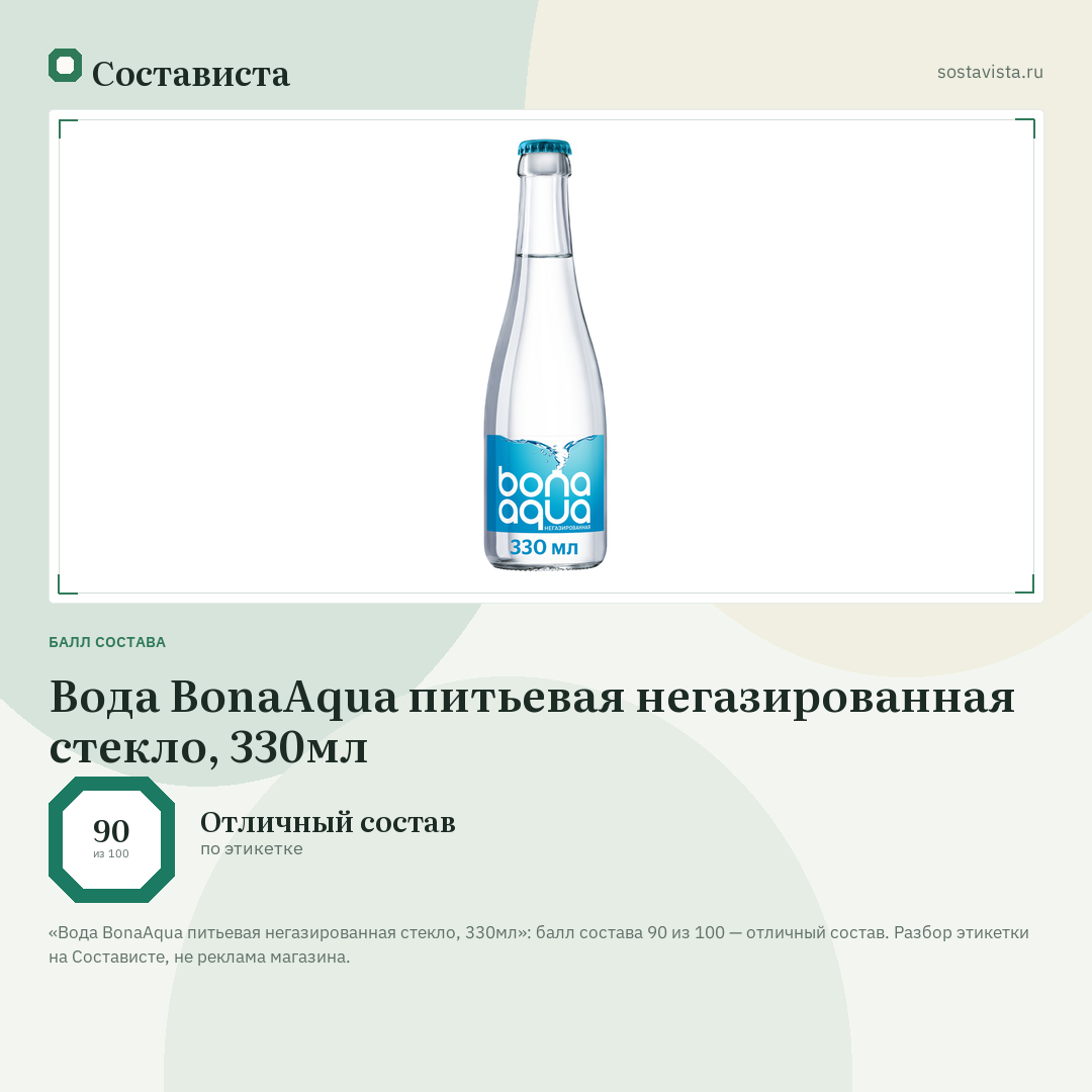 Вода BonaAqua питьевая негазированная стекло, 330мл: балл состава 90 из 100 — Состависта