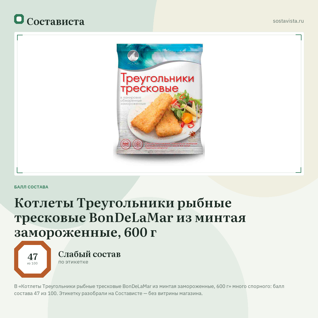 Котлеты Треугольники рыбные тресковые BonDeLaMar из минтая замороженные, 600 г: балл состава 47 из 100 — Состависта