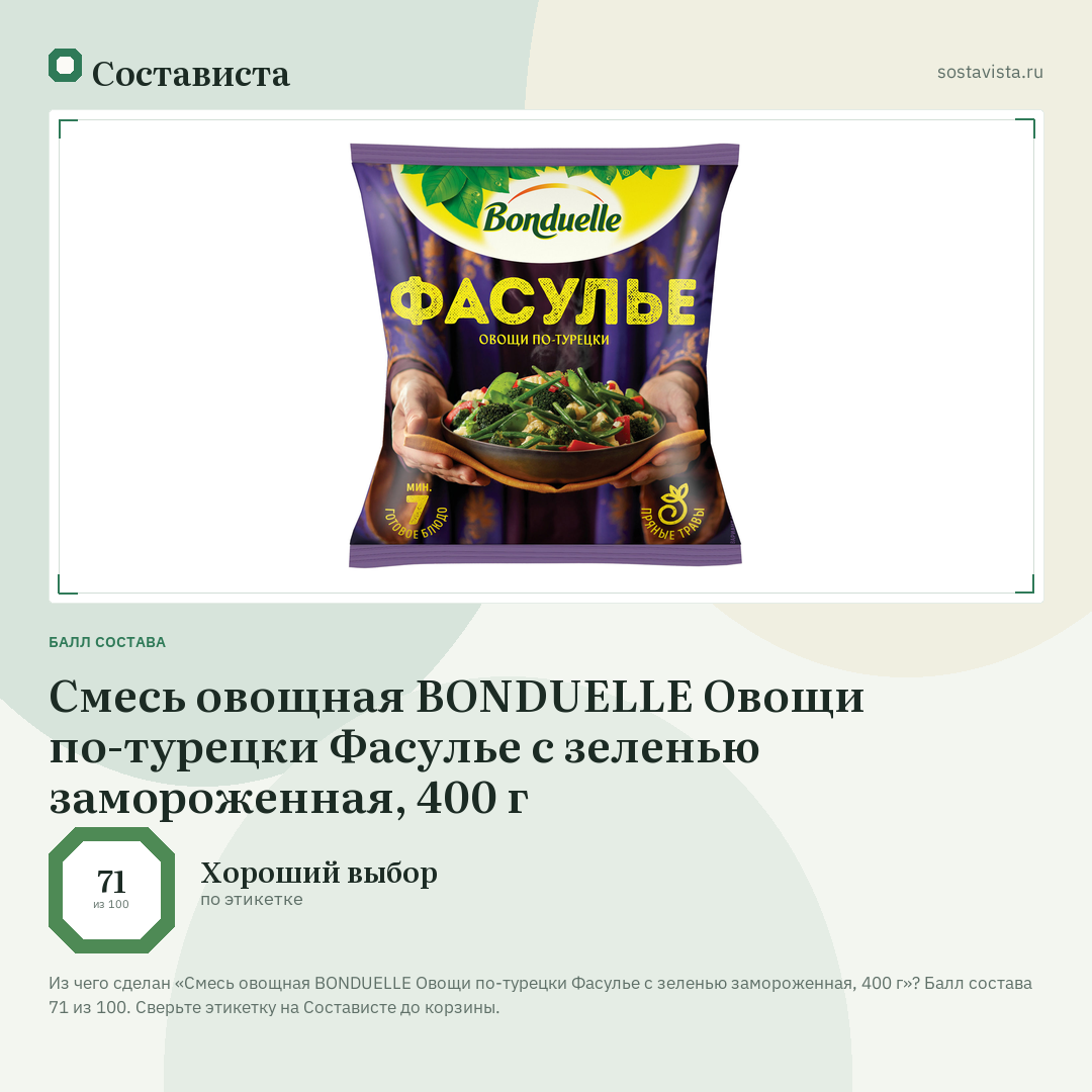 Смесь овощная BONDUELLE Овощи по-турецки Фасулье с зеленью замороженная, 400 г: балл состава 71 из 100 — Состависта