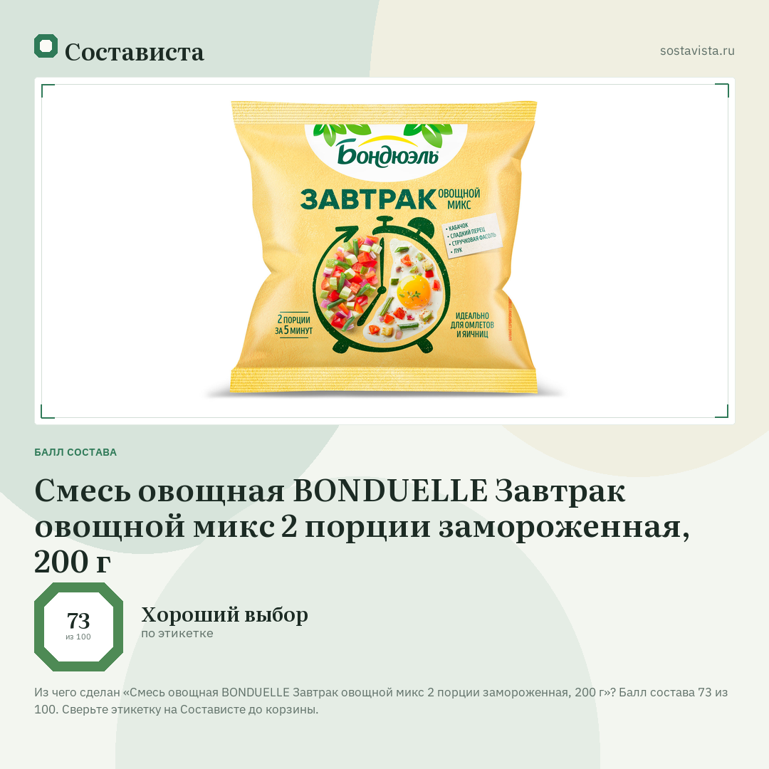 Смесь овощная BONDUELLE Завтрак овощной микс 2 порции замороженная, 200 г: балл состава 73 из 100 — Состависта