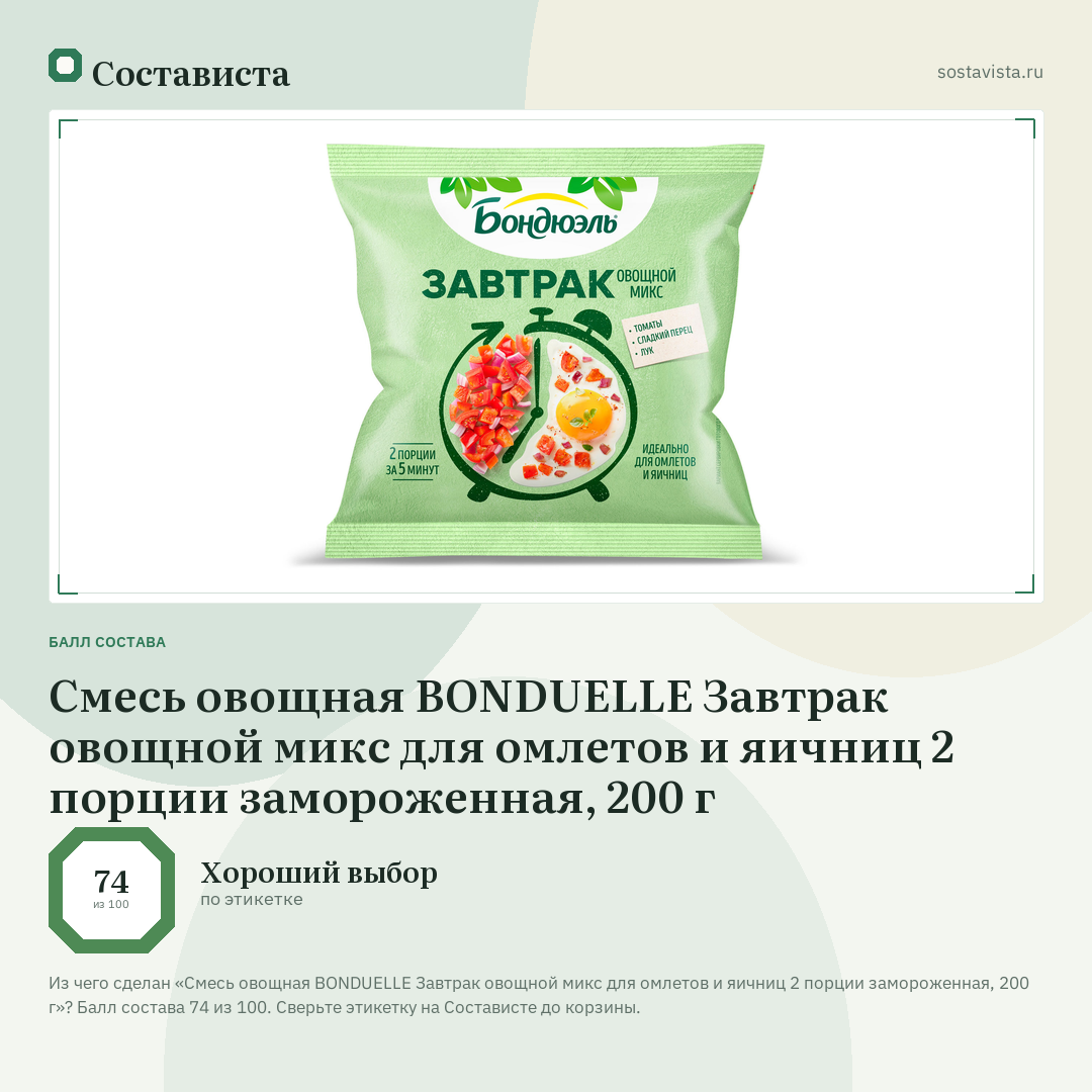 Смесь овощная BONDUELLE Завтрак овощной микс для омлетов и яичниц 2 порции замороженная, 200 г: балл состава 74 из 100 — Состависта