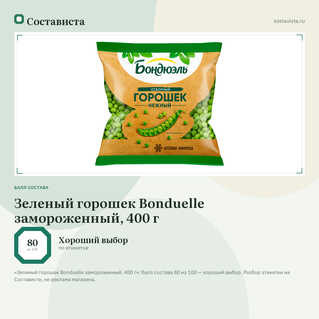 Зеленый горошек Bonduelle замороженный, 400 г: балл состава 80 из 100 — Состависта