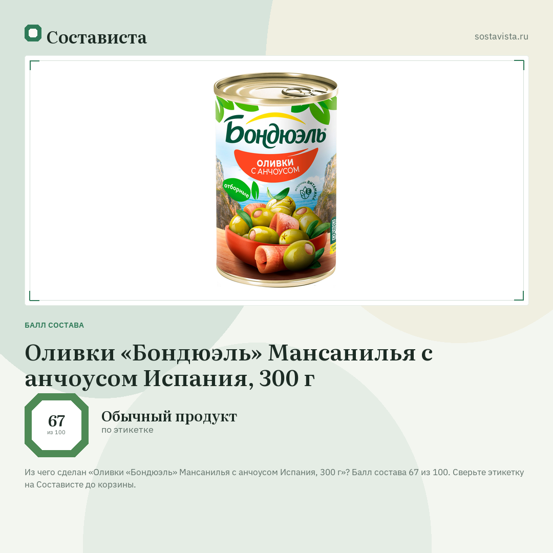 Оливки «Бондюэль» Мансанилья с анчоусом Испания, 300 г: балл состава 67 из 100 — Состависта