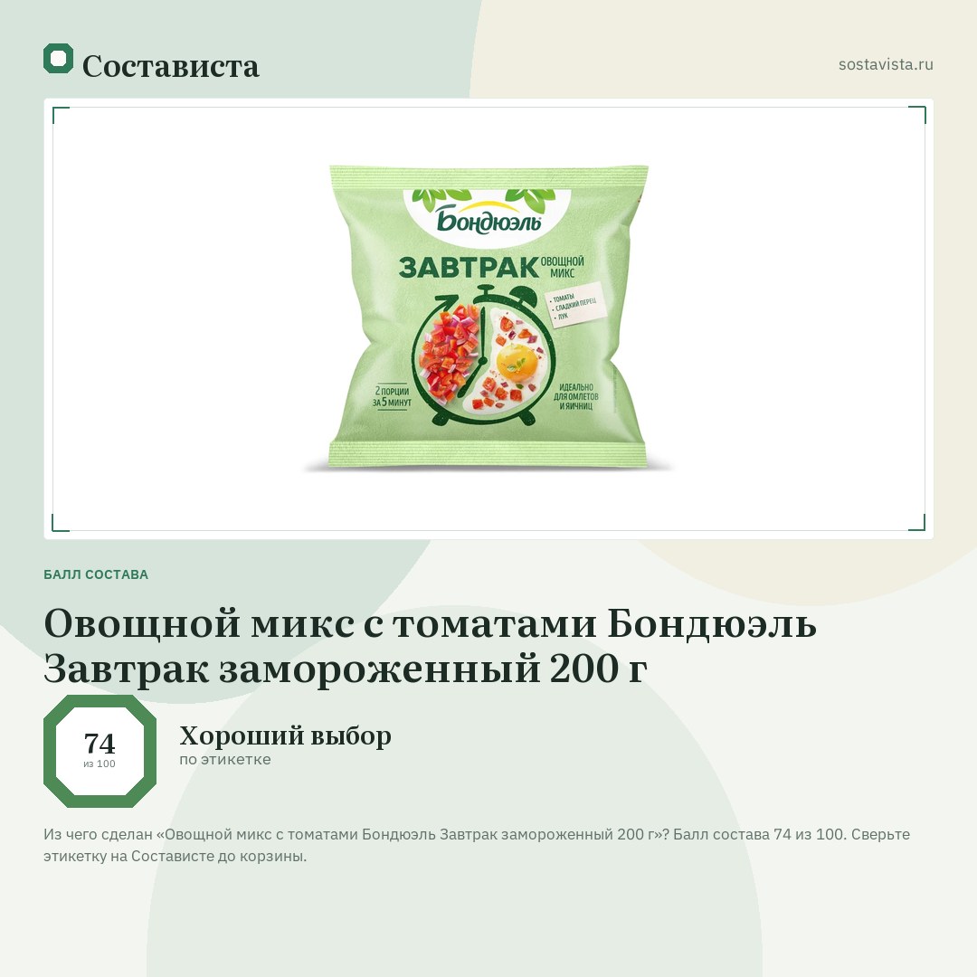 Овощной микс с томатами Бондюэль Завтрак замороженный 200 г: балл состава 74 из 100 — Состависта