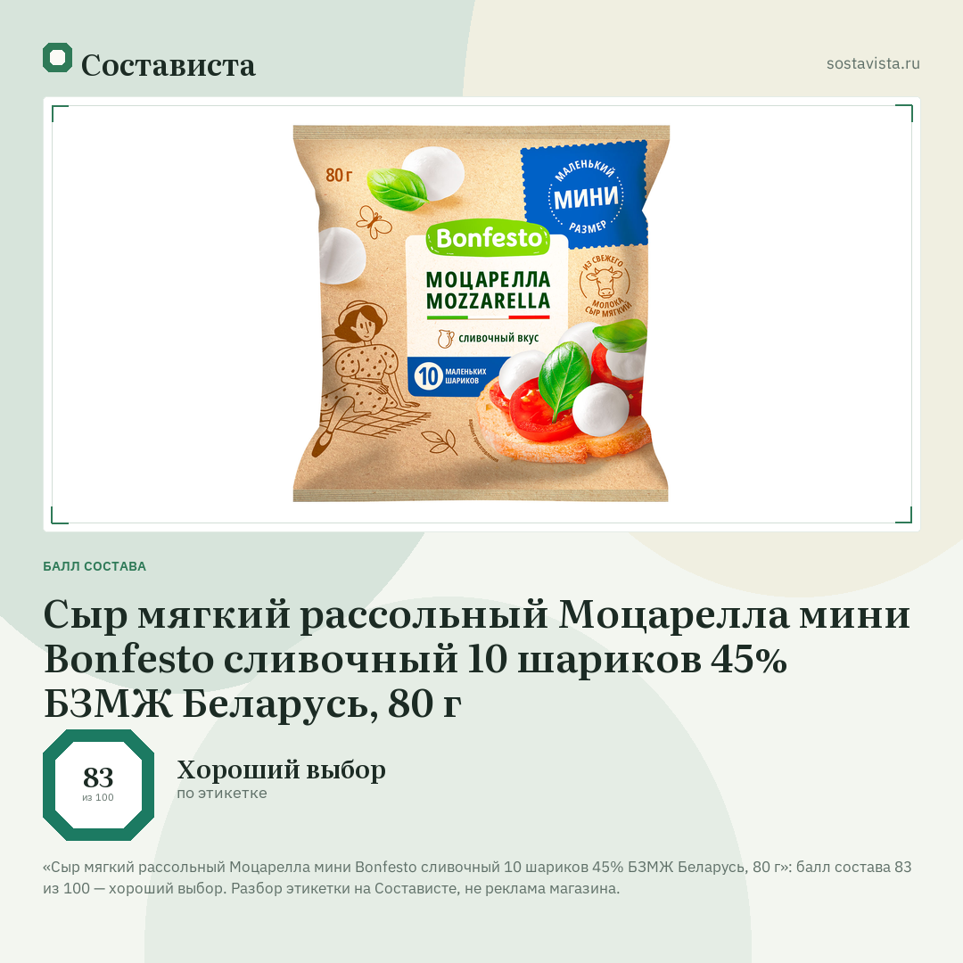 Сыр мягкий рассольный Моцарелла мини Bonfesto сливочный 10 шариков 45% БЗМЖ Беларусь, 80 г: балл состава 83 из 100 — Состависта