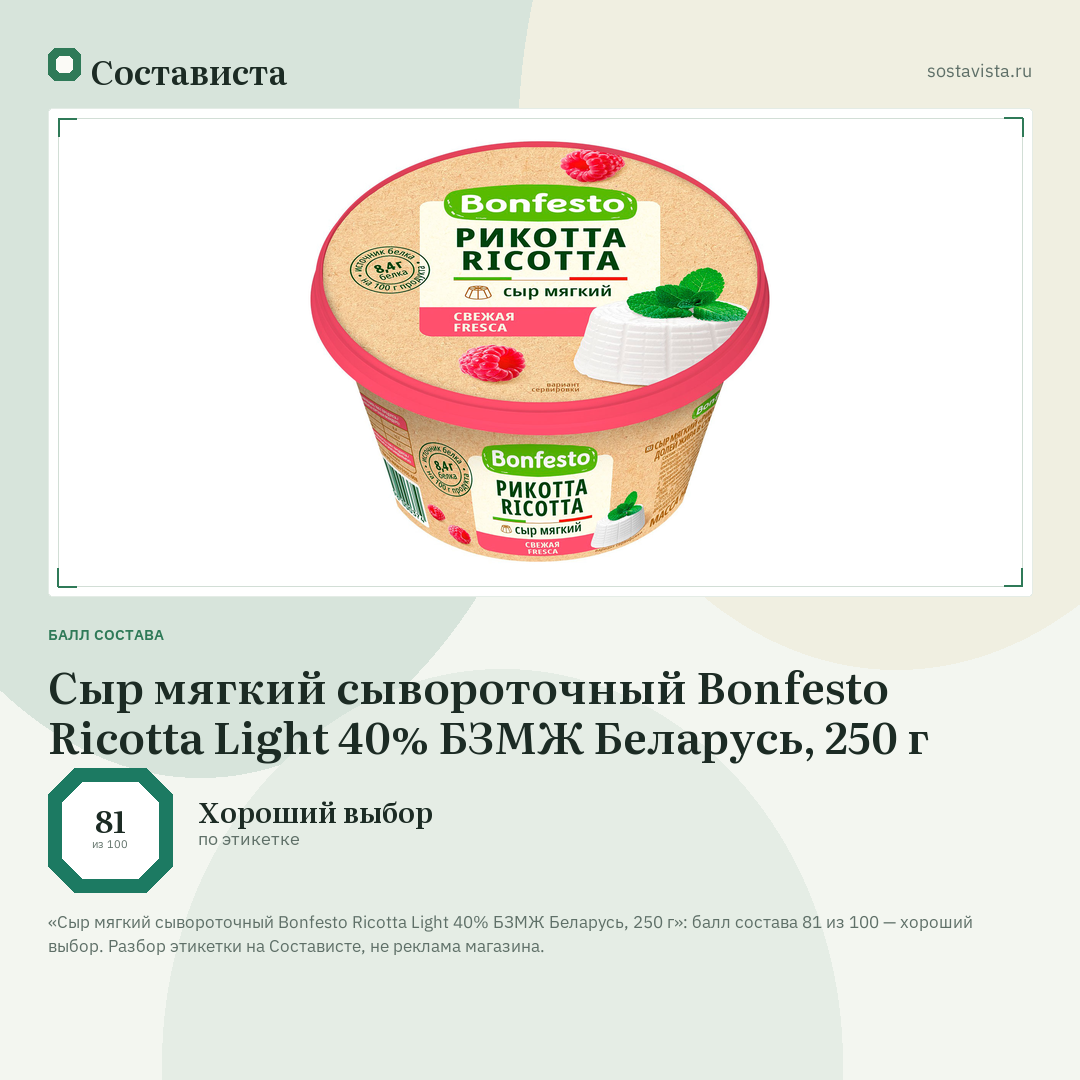 Сыр мягкий сывороточный Bonfesto Ricotta Light 40% БЗМЖ Беларусь, 250 г: балл состава 81 из 100 — Состависта