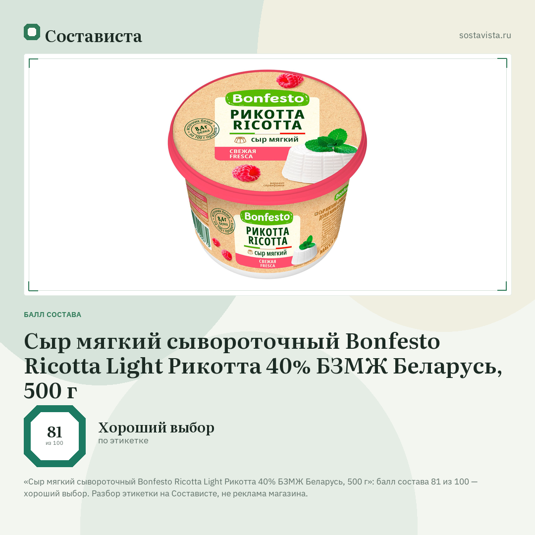 Сыр мягкий сывороточный Bonfesto Ricotta Light Рикотта 40% БЗМЖ Беларусь, 500 г: балл состава 81 из 100 — Состависта