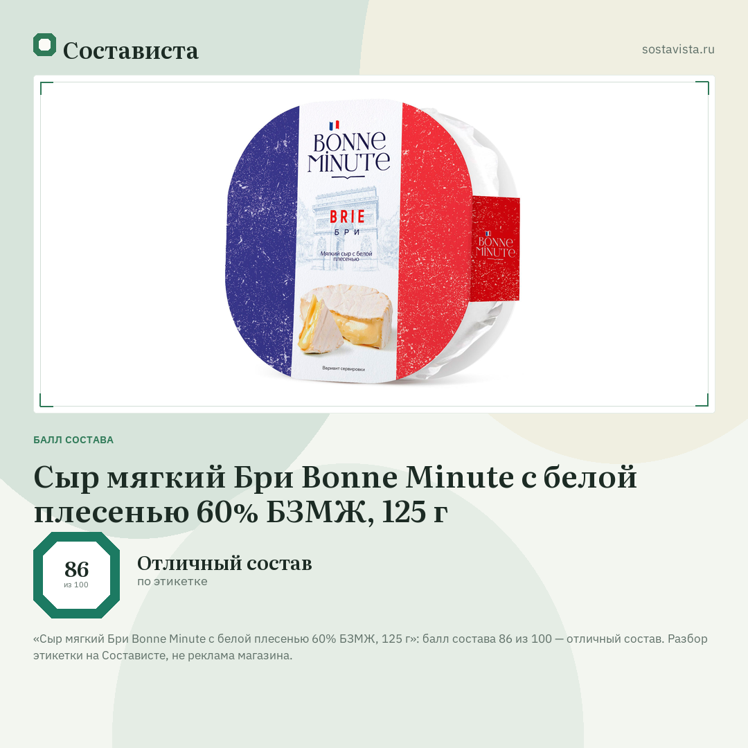 Сыр мягкий Бри Bonne Minute с белой плесенью 60% БЗМЖ, 125 г: балл состава 86 из 100 — Состависта