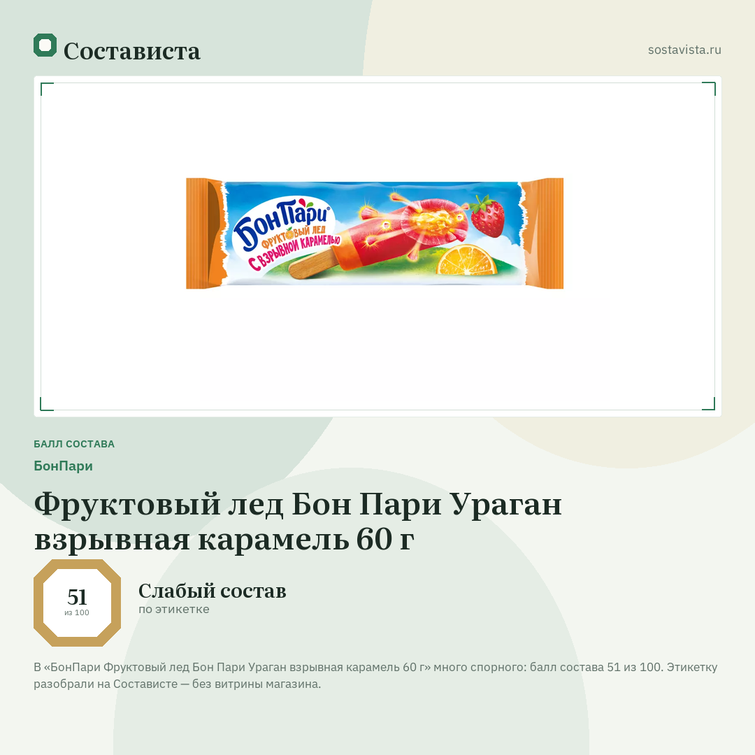 БонПари Фруктовый лед Бон Пари Ураган взрывная карамель 60 г: балл состава 51 из 100 — Состависта