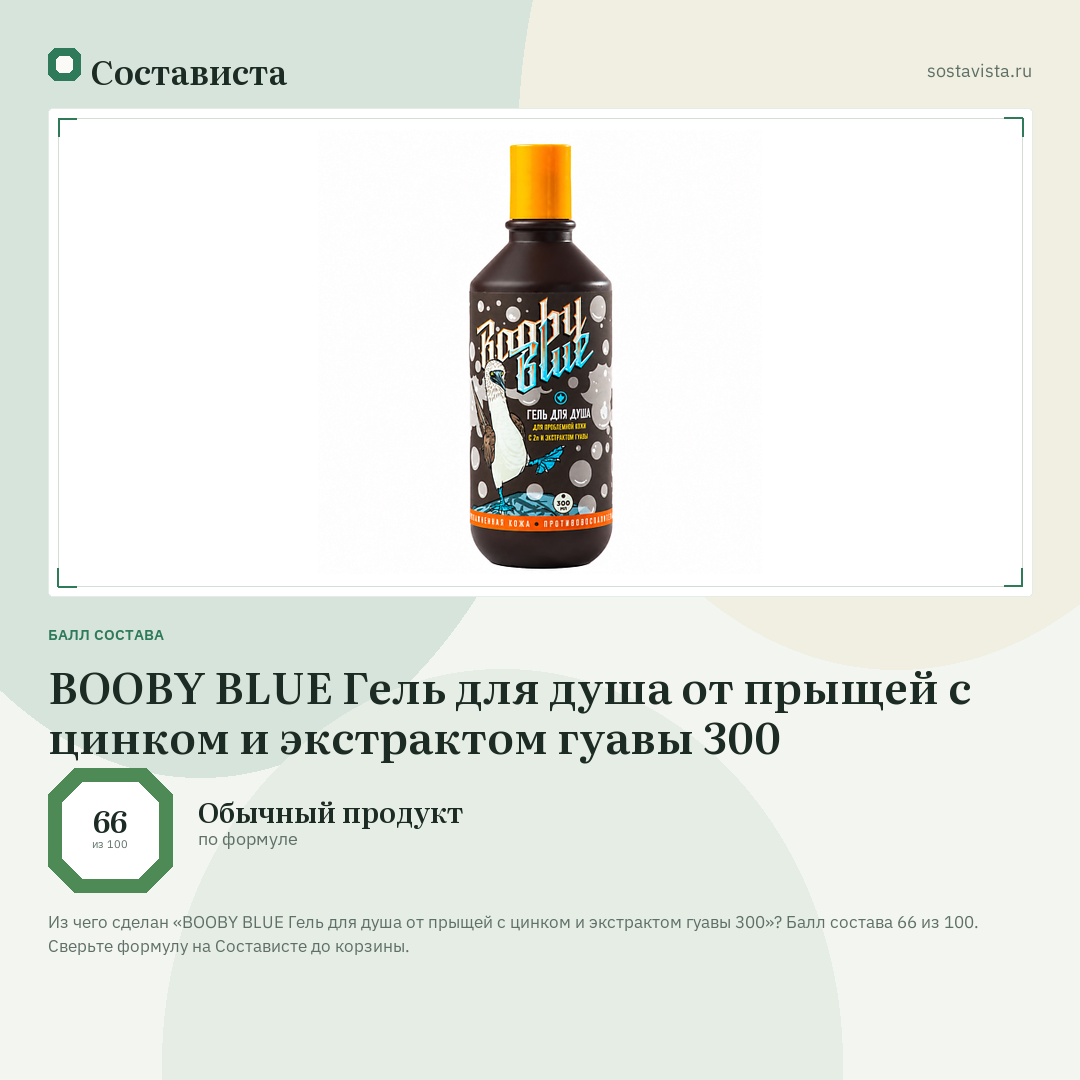 BOOBY BLUE Гель для душа от прыщей с цинком и экстрактом гуавы 300: балл состава 66 из 100 — Состависта