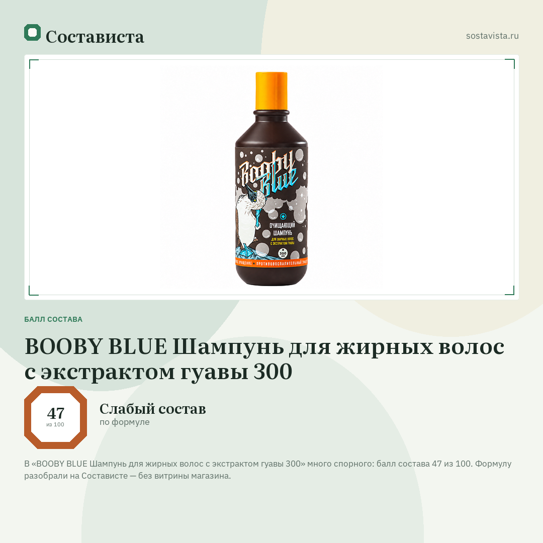 BOOBY BLUE Шампунь для жирных волос с экстрактом гуавы 300: балл состава 47 из 100 — Состависта