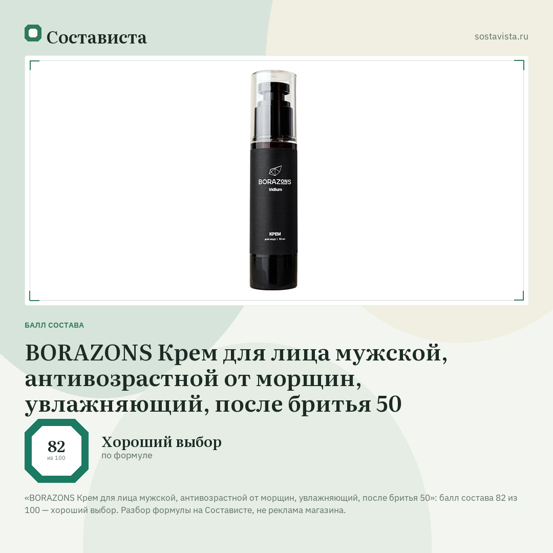 BORAZONS Крем для лица мужской, антивозрастной от морщин, увлажняющий, после бритья 50: балл состава 82 из 100 — Состависта