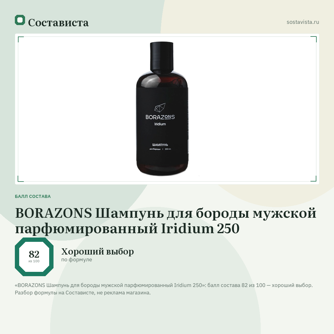 BORAZONS Шампунь для бороды мужской парфюмированный Iridium 250: балл состава 82 из 100 — Состависта