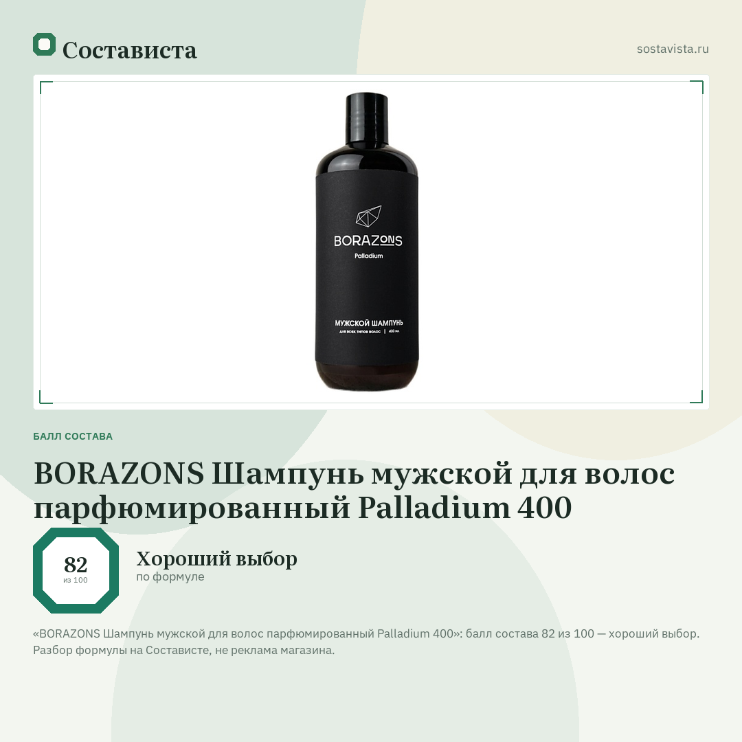 BORAZONS Шампунь мужской для волос парфюмированный Palladium 400: балл состава 82 из 100 — Состависта