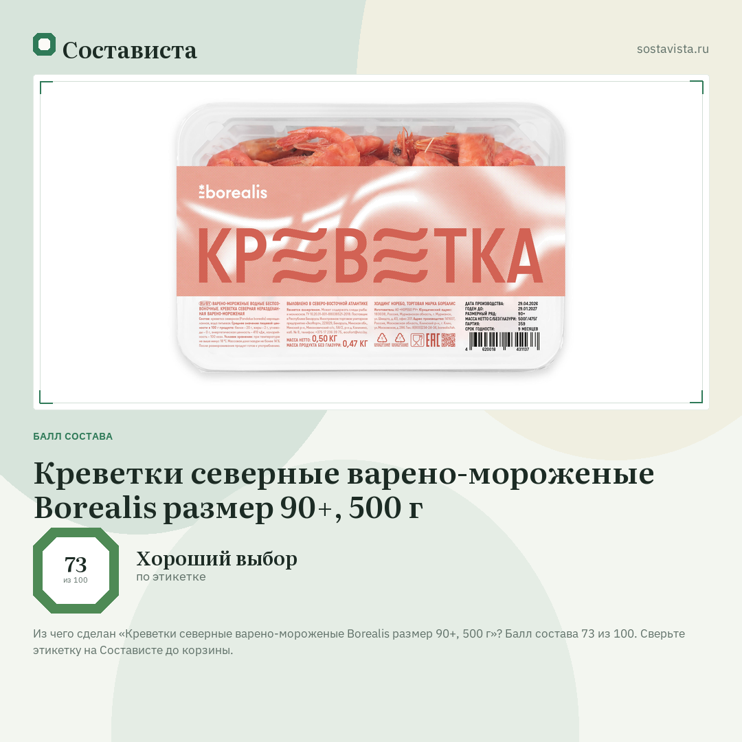 Креветки северные варено-мороженые Borealis размер 90+, 500 г: балл состава 73 из 100 — Состависта
