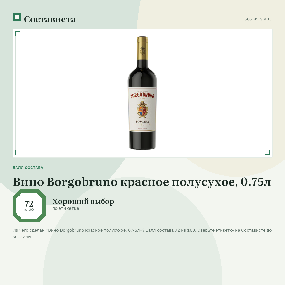 Вино Borgobruno красное полусухое, 0.75л: балл состава 72 из 100 — Состависта
