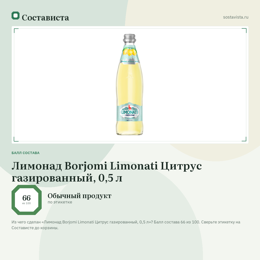 Лимонад Borjomi Limonati Цитрус газированный, 0,5 л: балл состава 66 из 100 — Состависта