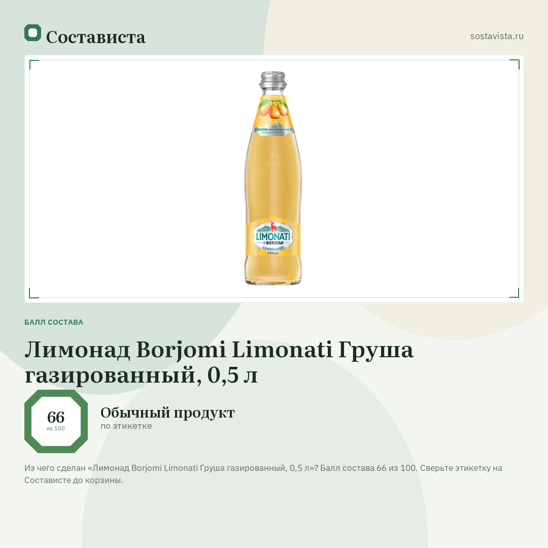 Лимонад Borjomi Limonati Груша газированный, 0,5 л: балл состава 66 из 100 — Состависта