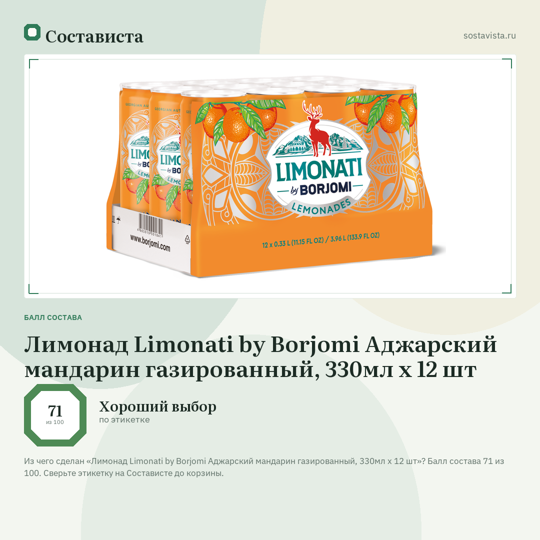 Лимонад Limonati by Borjomi Аджарский мандарин газированный, 330мл х 12 шт: балл состава 71 из 100 — Состависта