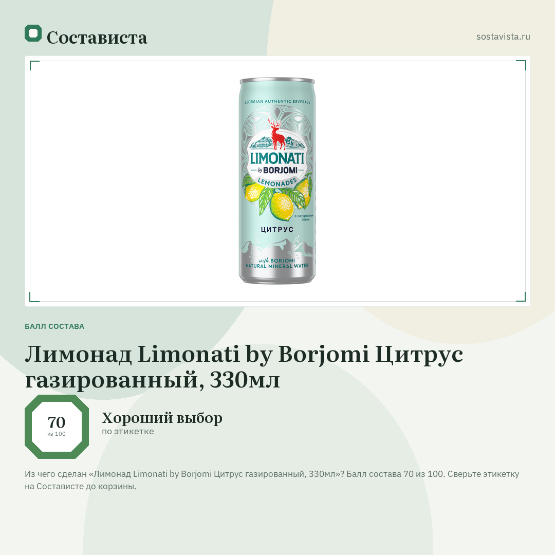 Лимонад Limonati by Borjomi Цитрус газированный, 330мл: балл состава 70 из 100 — Состависта
