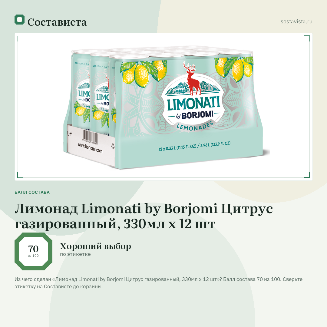 Лимонад Limonati by Borjomi Цитрус газированный, 330мл х 12 шт: балл состава 70 из 100 — Состависта