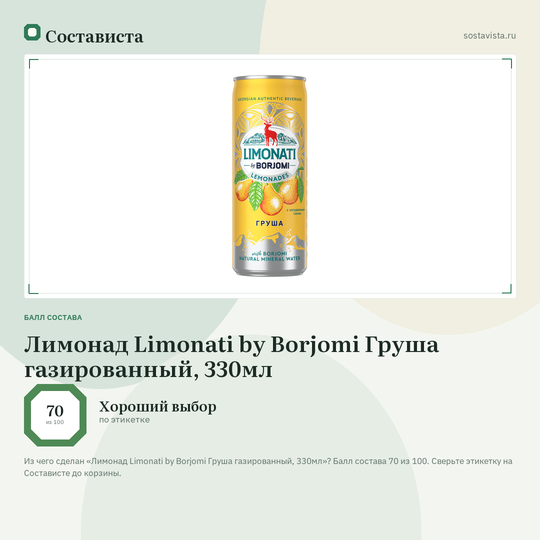 Лимонад Limonati by Borjomi Груша газированный, 330мл: балл состава 70 из 100 — Состависта