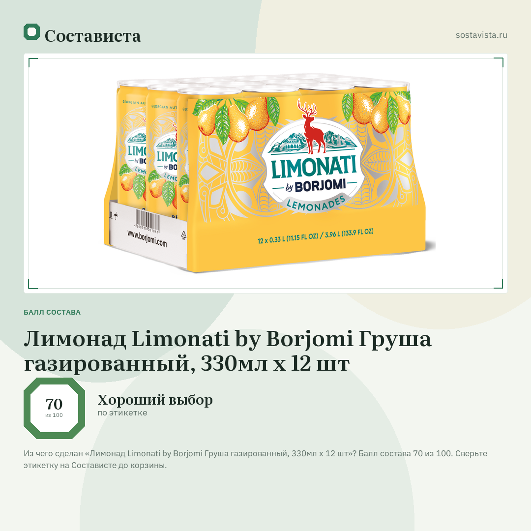 Лимонад Limonati by Borjomi Груша газированный, 330мл х 12 шт: балл состава 70 из 100 — Состависта