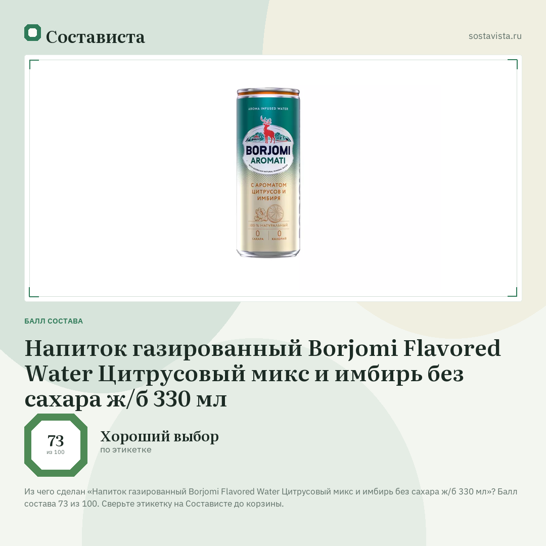 Напиток газированный Borjomi Flavored Water Цитрусовый микс и имбирь без сахара ж/б 330 мл: балл состава 73 из 100 — Состависта