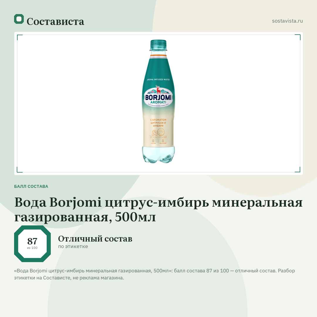 Вода Borjomi цитрус-имбирь минеральная газированная, 500мл: балл состава 87 из 100 — Состависта