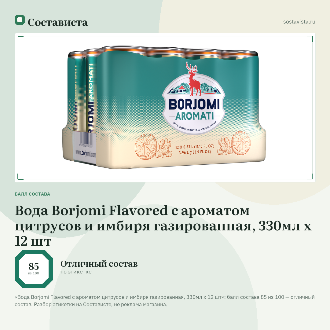 Вода Borjomi Flavored с ароматом цитрусов и имбиря газированная, 330мл x 12 шт: балл состава 85 из 100 — Состависта