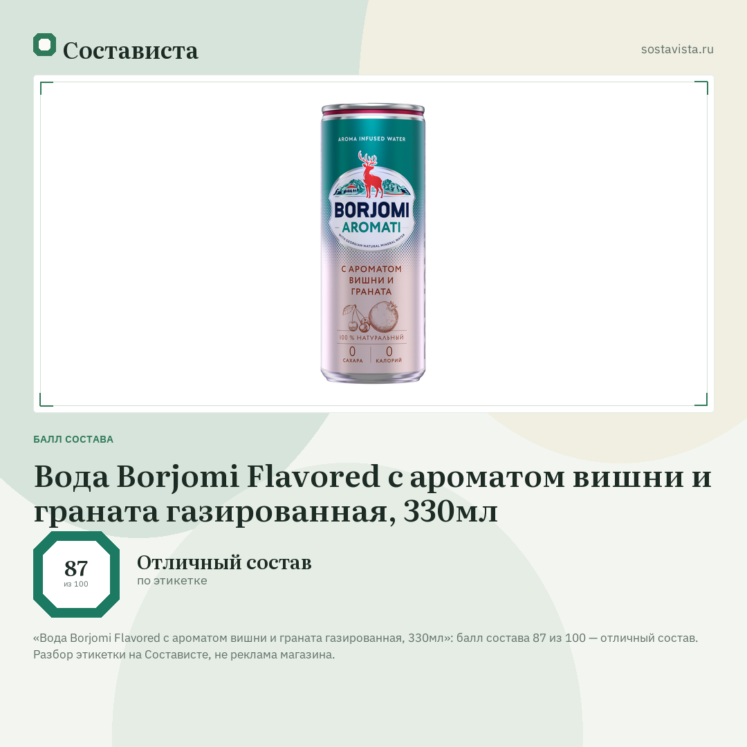 Вода Borjomi Flavored с ароматом вишни и граната газированная, 330мл: балл состава 87 из 100 — Состависта