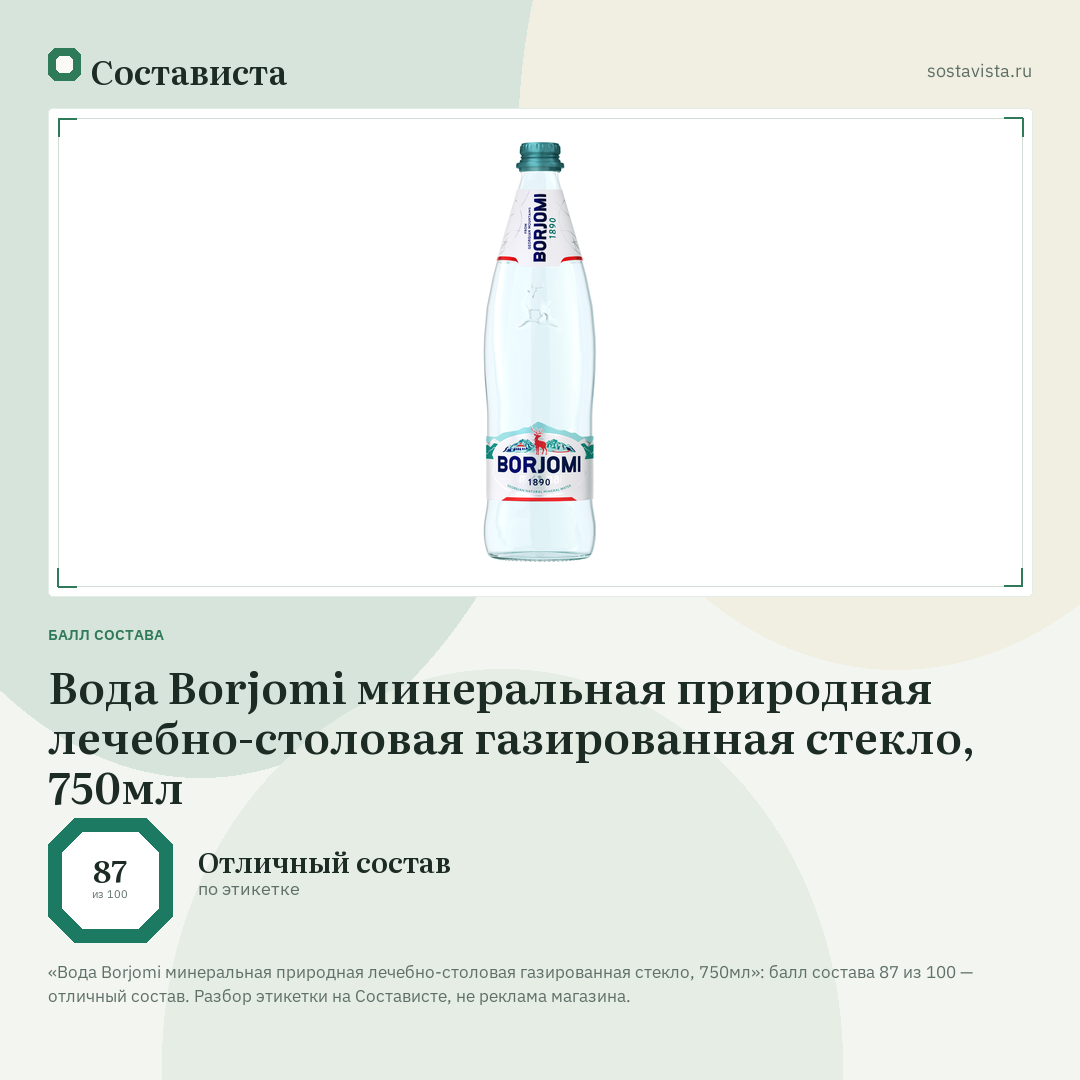 Вода Borjomi минеральная природная лечебно-столовая газированная стекло, 750мл: балл состава 87 из 100 — Состависта