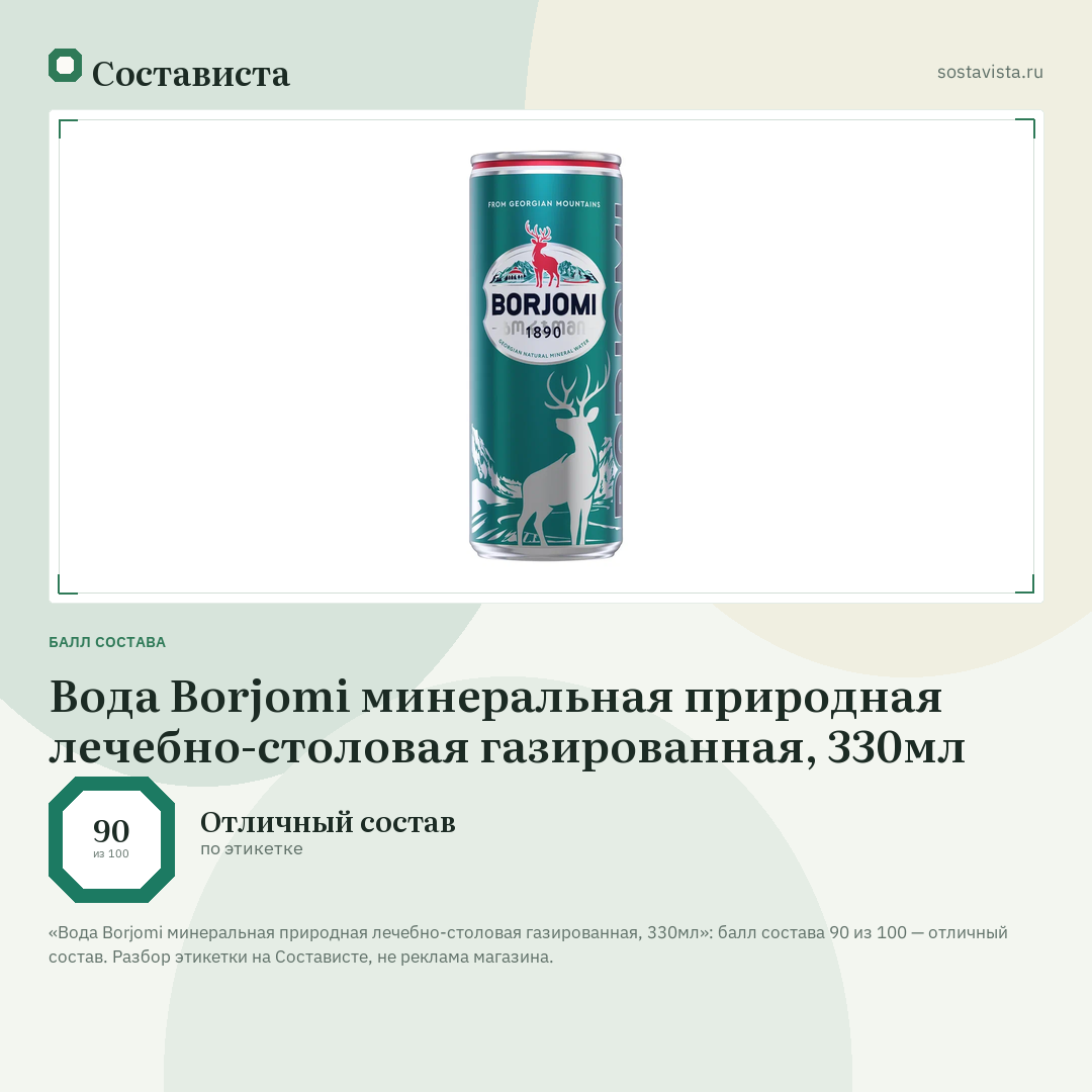 Вода Borjomi минеральная природная лечебно-столовая газированная, 330мл: балл состава 90 из 100 — Состависта