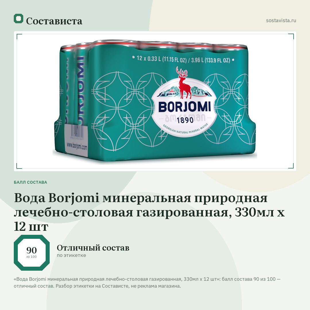 Вода Borjomi минеральная природная лечебно-столовая газированная, 330мл x 12 шт: балл состава 90 из 100 — Состависта
