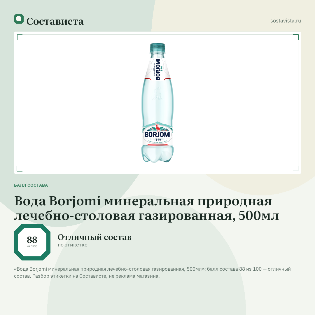 Вода Borjomi минеральная природная лечебно-столовая газированная, 500мл: балл состава 88 из 100 — Состависта
