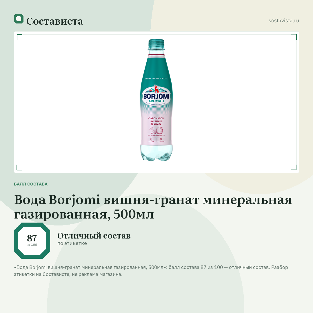 Вода Borjomi вишня-гранат минеральная газированная, 500мл: балл состава 87 из 100 — Состависта