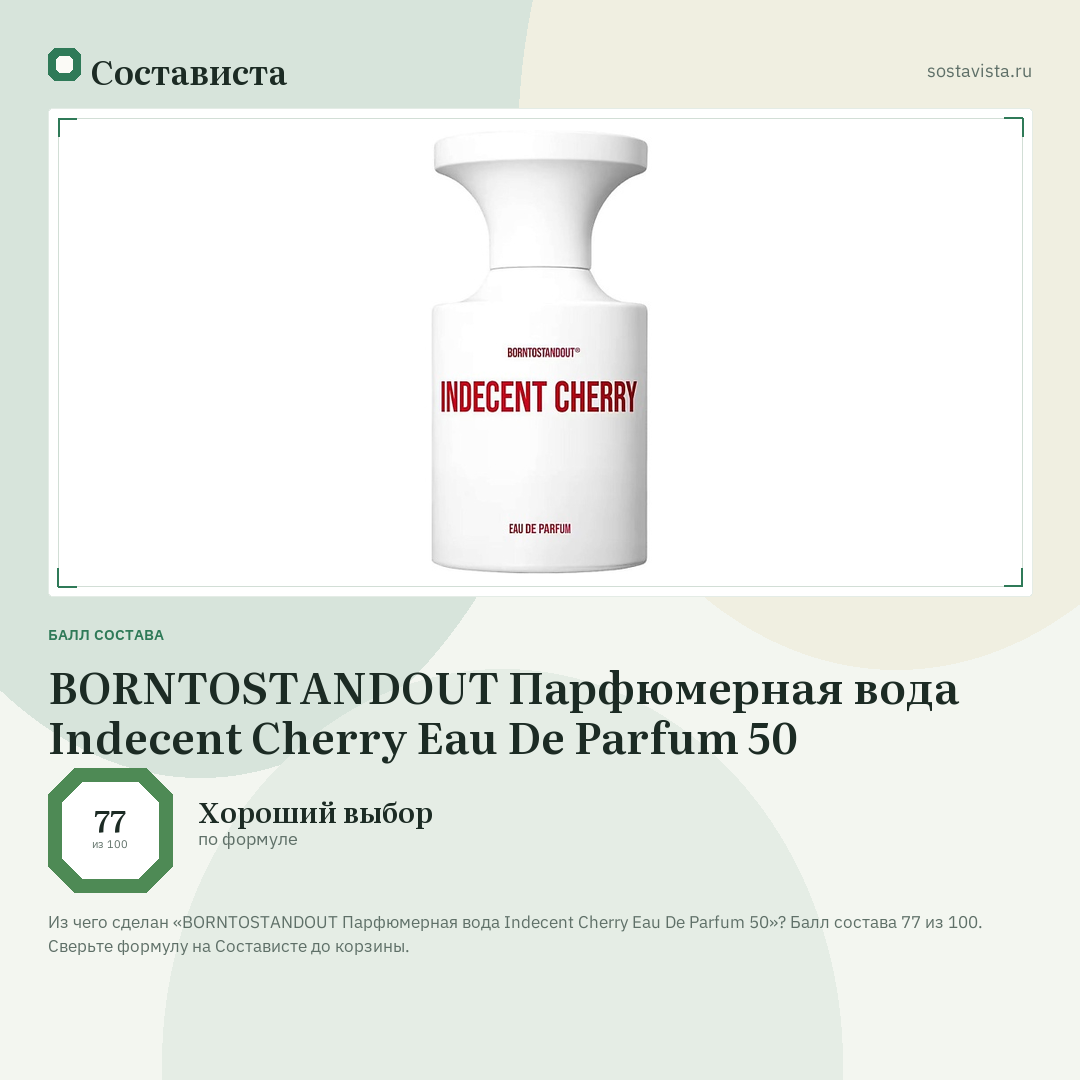 BORNTOSTANDOUT Парфюмерная вода Indecent Cherry Eau De Parfum 50: балл состава 77 из 100 — Состависта