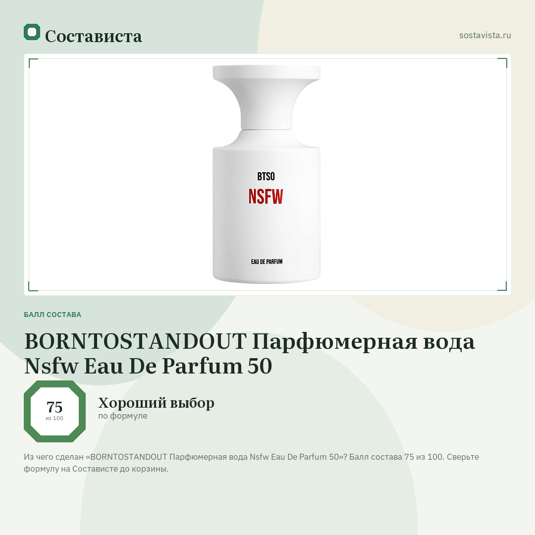 BORNTOSTANDOUT Парфюмерная вода Nsfw Eau De Parfum 50: балл состава 75 из 100 — Состависта