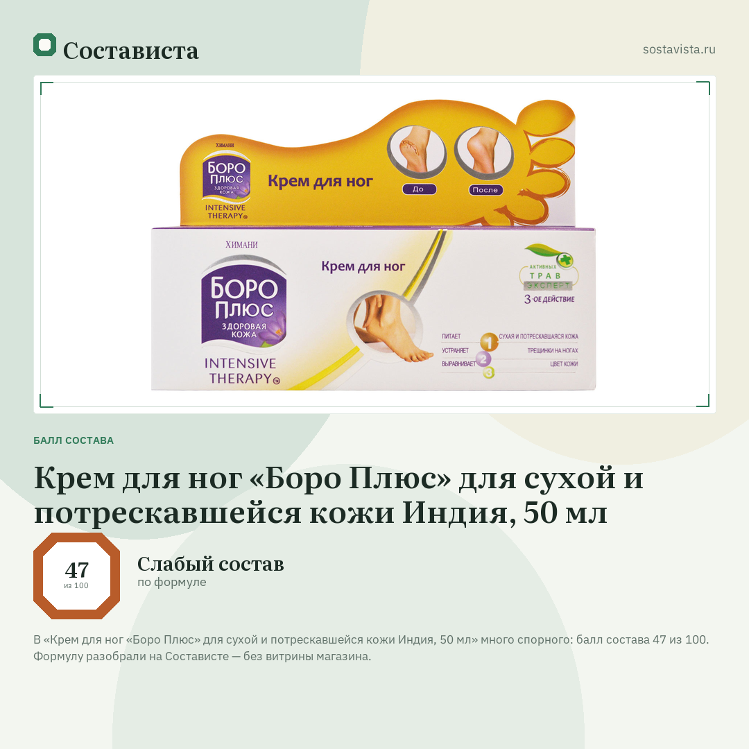 Крем для ног «Боро Плюс» для сухой и потрескавшейся кожи Индия, 50 мл: балл состава 47 из 100 — Состависта
