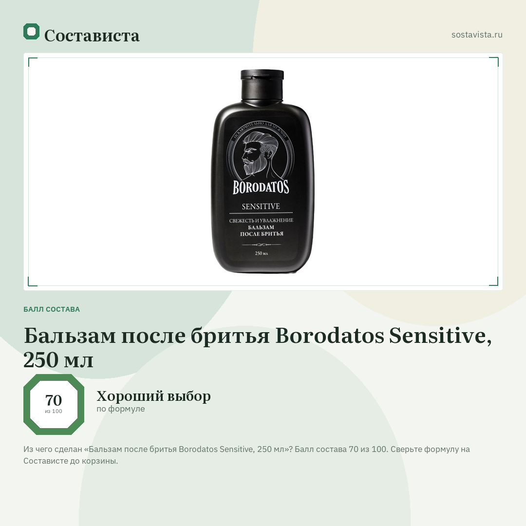 Бальзам после бритья Borodatos Sensitive, 250 мл: балл состава 70 из 100 — Состависта
