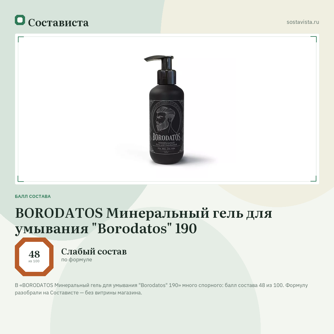 BORODATOS Минеральный гель для умывания "Borodatos" 190: балл состава 48 из 100 — Состависта
