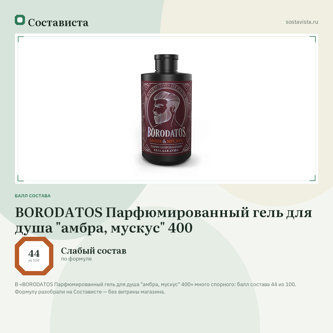 BORODATOS Парфюмированный гель для душа "амбра, мускус" 400: балл состава 44 из 100 — Состависта