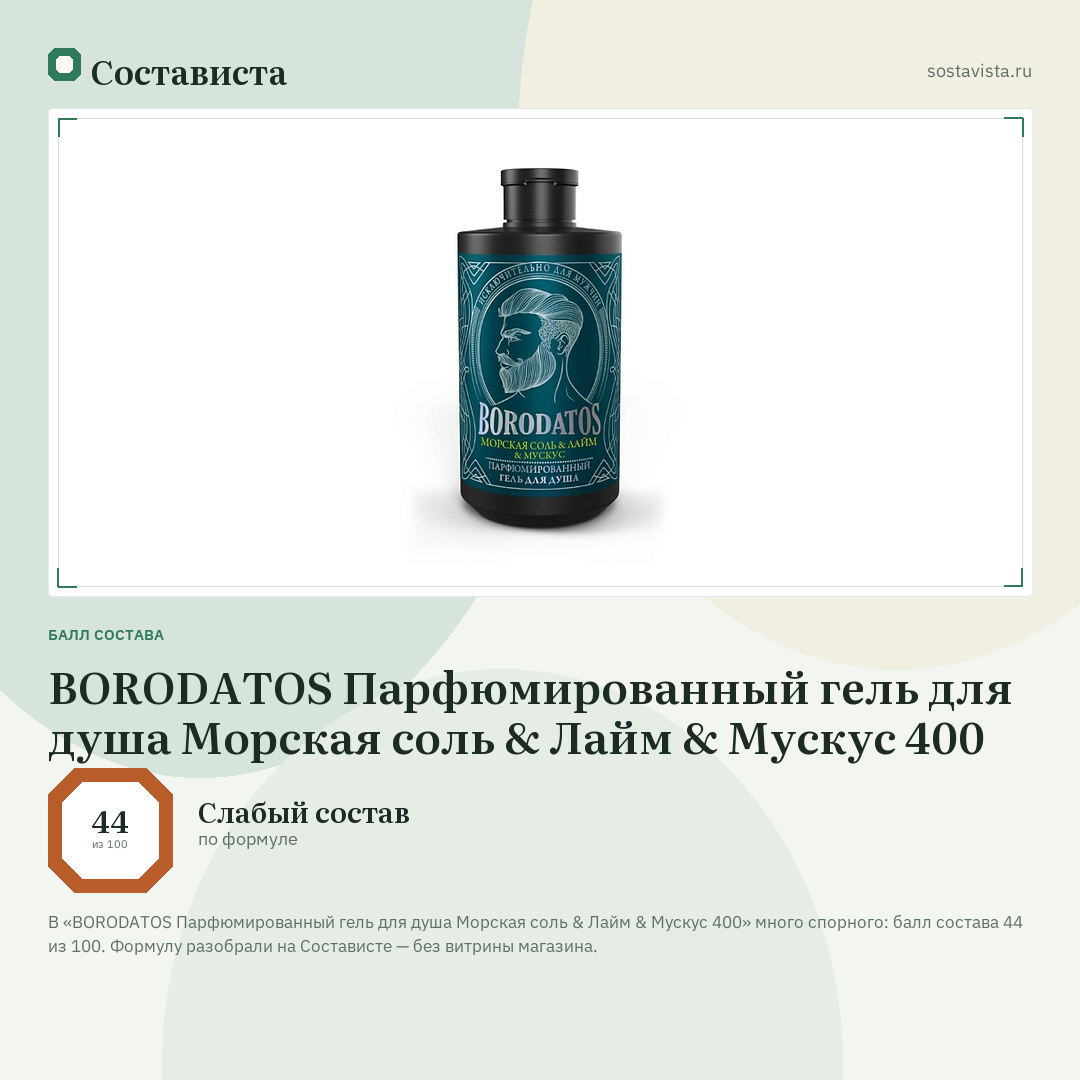 BORODATOS Парфюмированный гель для душа Морская соль & Лайм & Мускус 400: балл состава 44 из 100 — Состависта