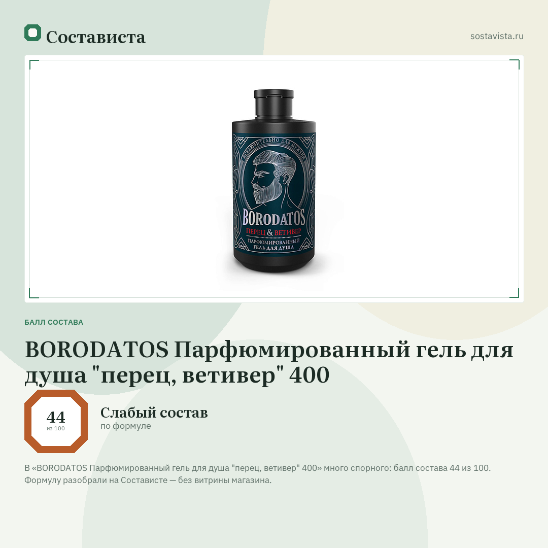 BORODATOS Парфюмированный гель для душа "перец, ветивер" 400: балл состава 44 из 100 — Состависта