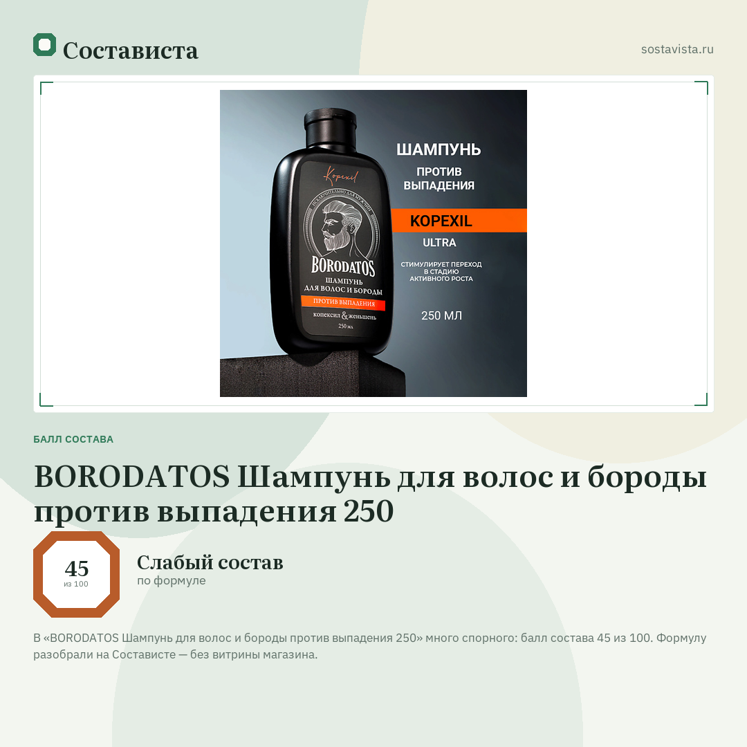 BORODATOS Шампунь для волос и бороды против выпадения 250: балл состава 45 из 100 — Состависта