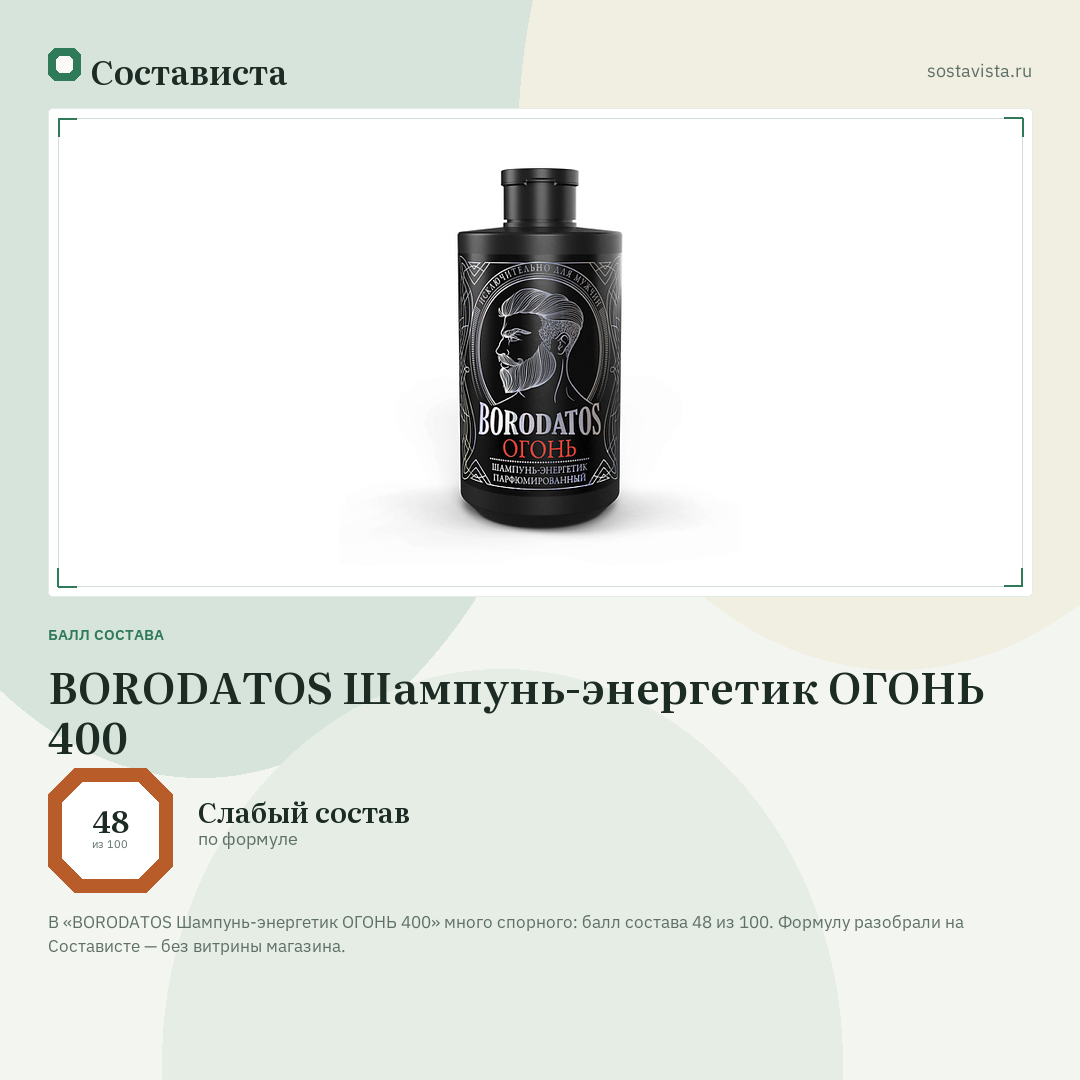 BORODATOS Шампунь-энергетик ОГОНЬ 400: балл состава 48 из 100 — Состависта