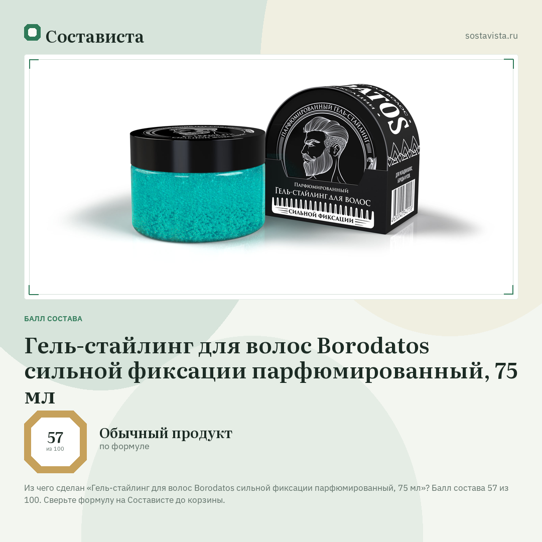 Гель-стайлинг для волос Borodatos сильной фиксации парфюмированный, 75 мл: балл состава 57 из 100 — Состависта