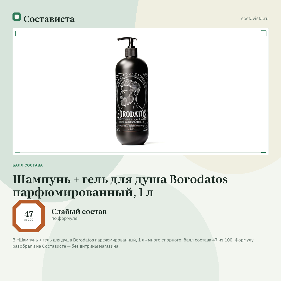 Шампунь + гель для душа Borodatos парфюмированный, 1 л: балл состава 47 из 100 — Состависта