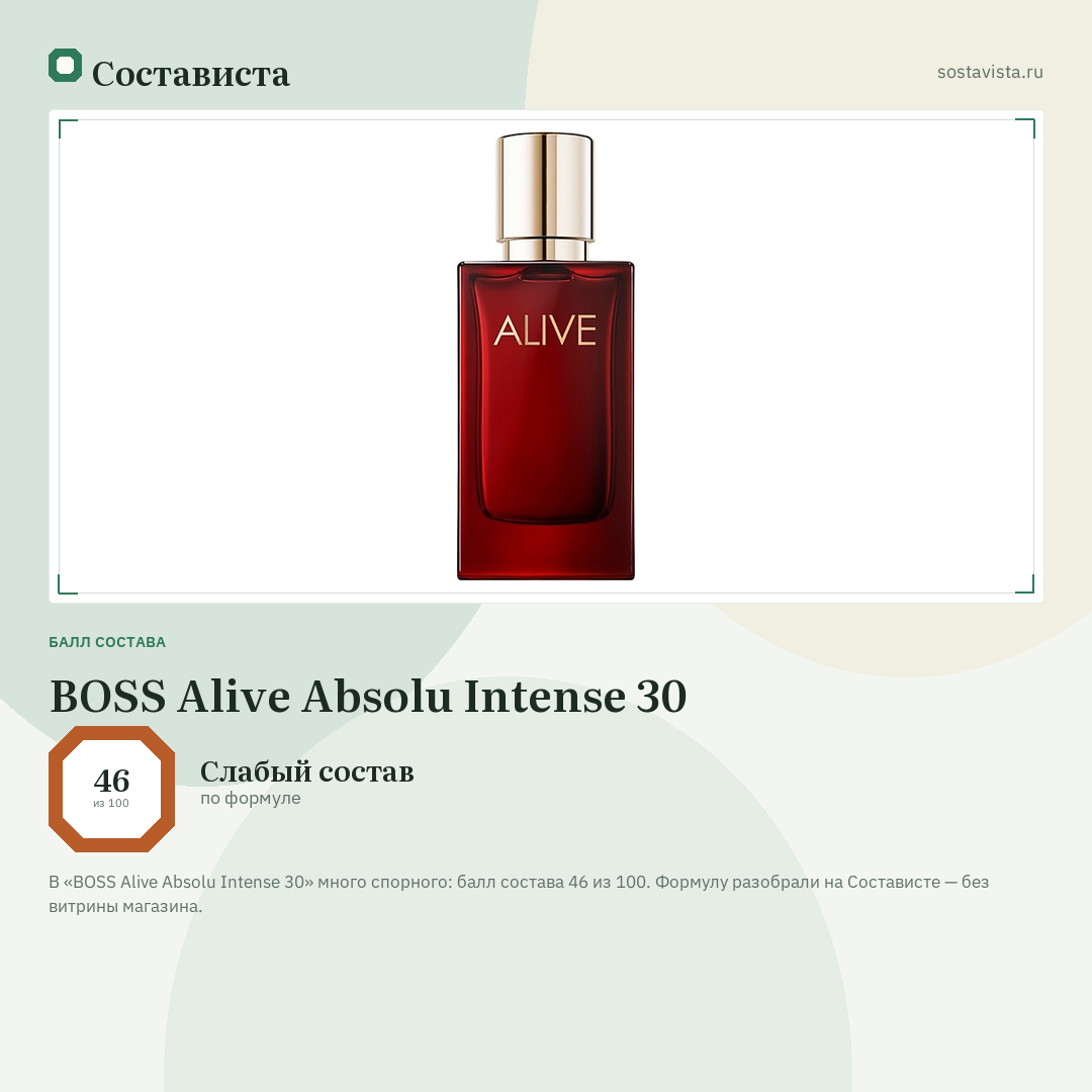 BOSS Alive Absolu Intense 30: балл состава 46 из 100 — Состависта