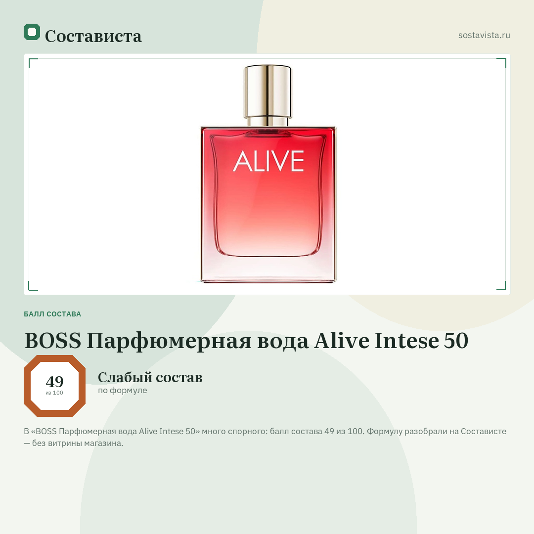 BOSS Парфюмерная вода Alive Intese 50: балл состава 49 из 100 — Состависта